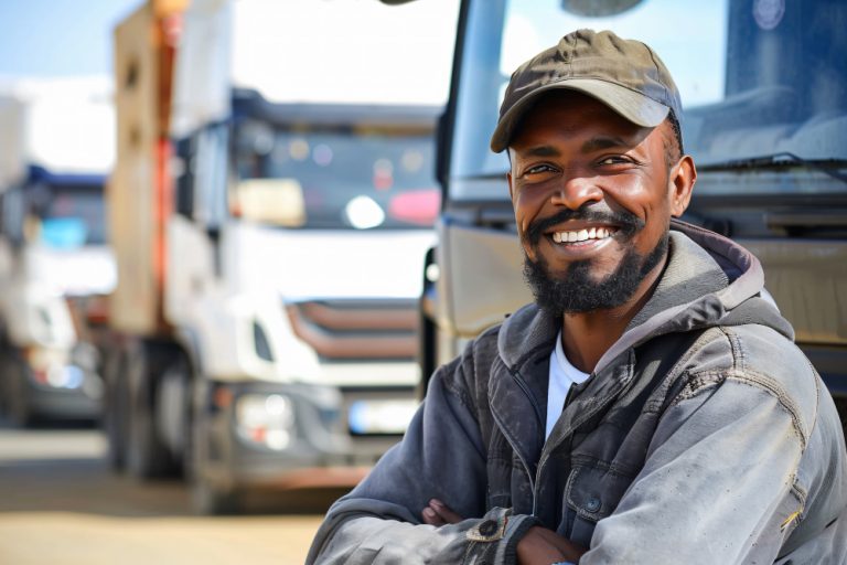 Fushia Logistics driver standing in front of company trucks, representing safe and reliable transport services.